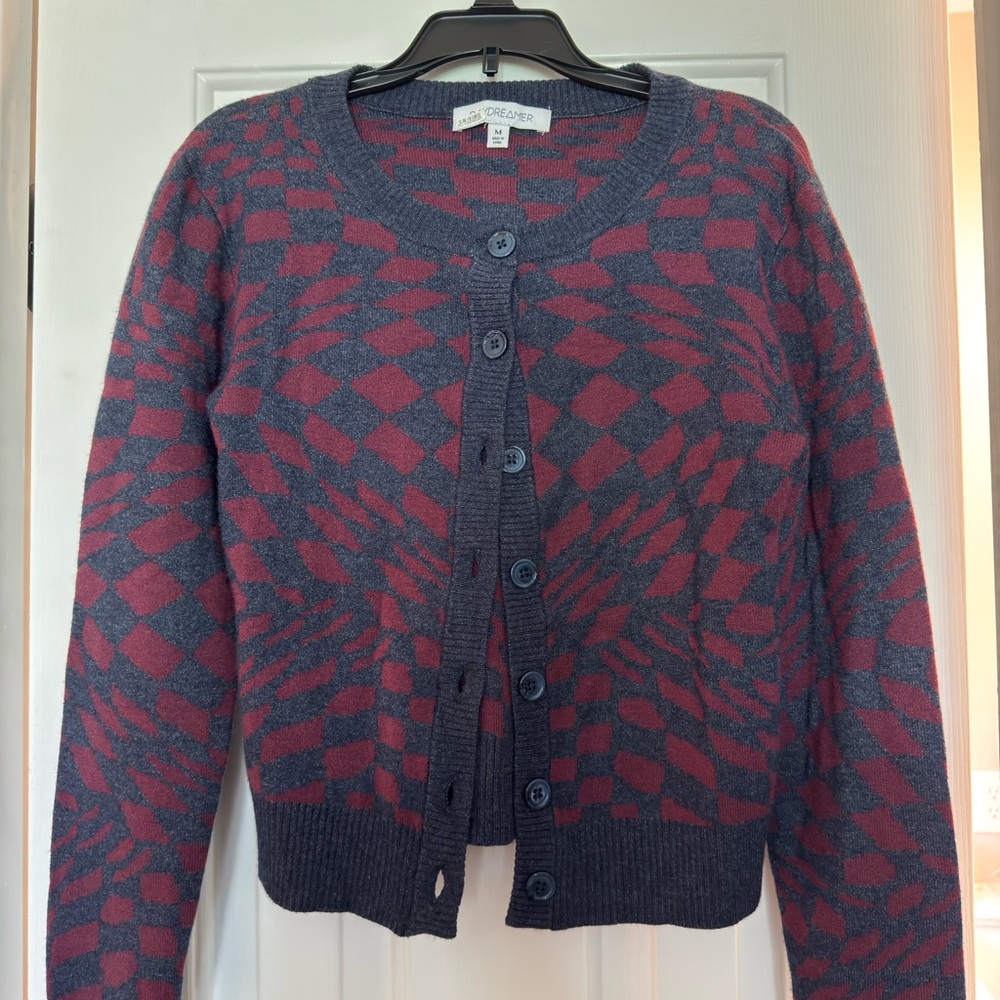 Daydreamer Women's Burgundy and Navy Patterned Button Cardigan